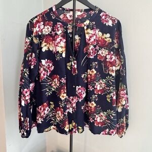 Umgee USA S Navy Floral Blouse Boho Peasant Top Keyhole Button Long‎ Sleeve